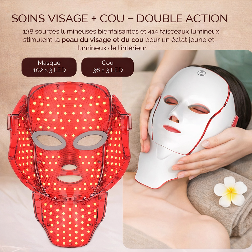Masque LED Visage et Cou – 7 Lumières Thérapeutiques pour une Peau Plus Jeune et Lumineuse