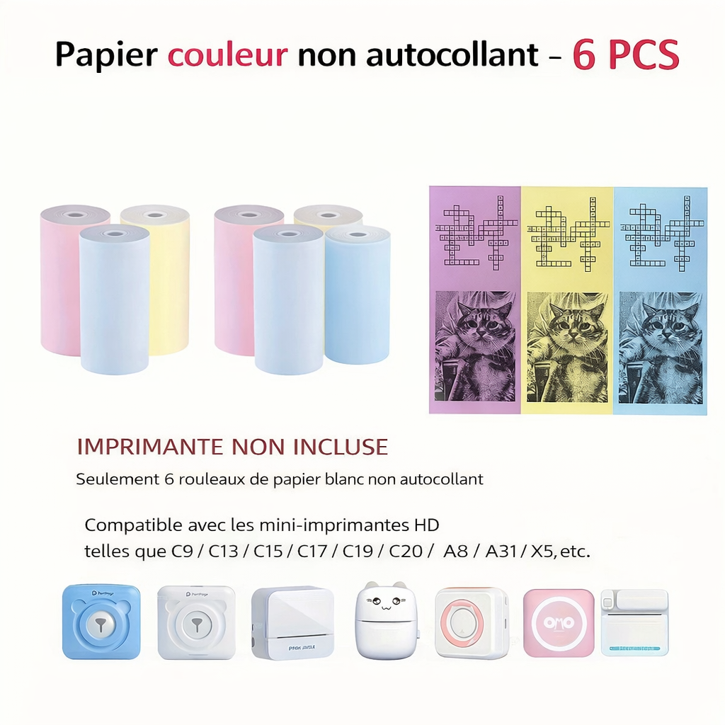 Papier thermique autocollant couleur 57 mm – Pour mini imprimante photo PeriPage, Paperang & Poooli