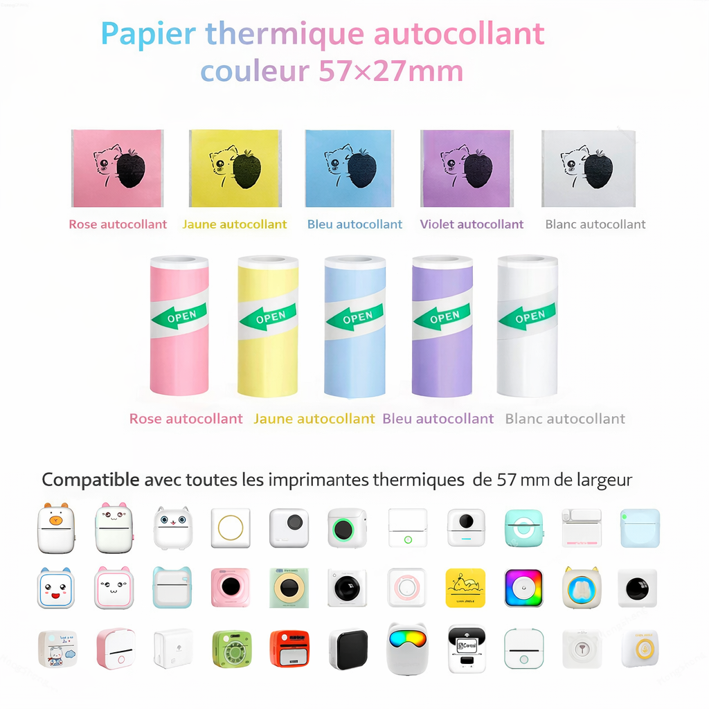 Papier thermique autocollant couleur 57 mm – Pour mini imprimante photo PeriPage, Paperang & Poooli